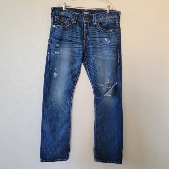 True Religion Ricky Relaxed Straight Leg Jeans Mens Size 38 Blue Distressed - Picture 1 of 13